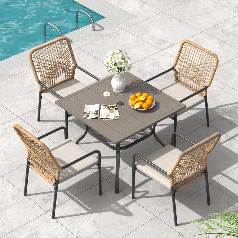 Square Patio Dining Set With Cushioned Stackable Rattan Chairs, Brush Wood Gray