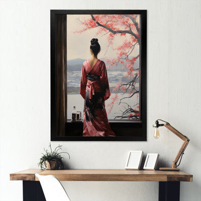Arbre rose, femme japonaise vue de fenêtre I - Japon, art mural