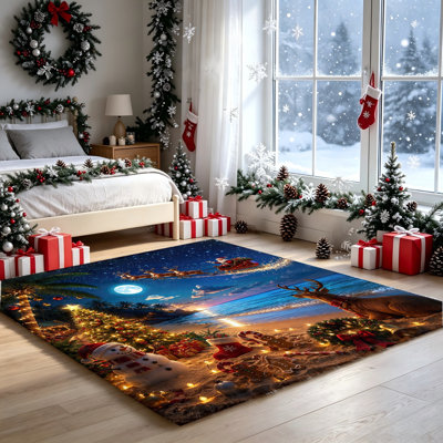 Festive Christmas Beach Scene Area Rug, Santa Sleigh Reindeer Party Indoor Floor Mat for Living Room, Bedroom, Home Decor, Holiday Decorations