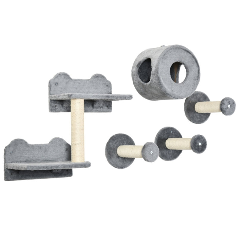 5‑Piece Wall‑Mounted Cat Wall Furniture Set with Perches, Cat Condo & Sisal Scratching Posts, Grey