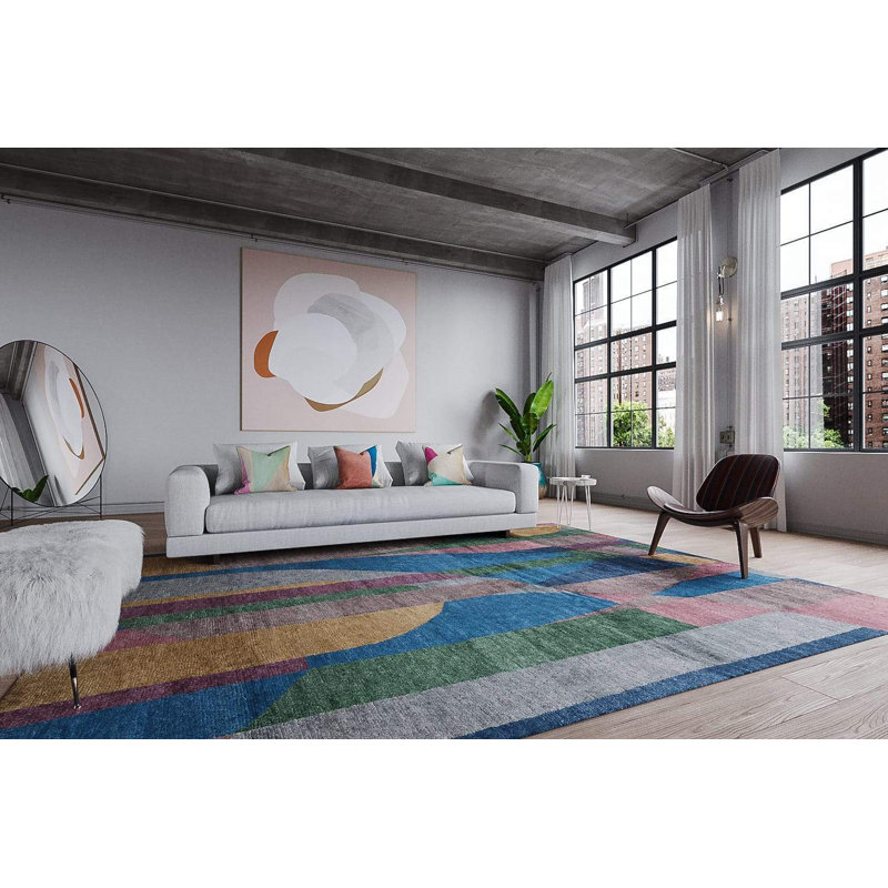 Gilded Silk Geometric Area Rug in Blue/Green/Cabernet/Pink, Rectangle 2' x 3'