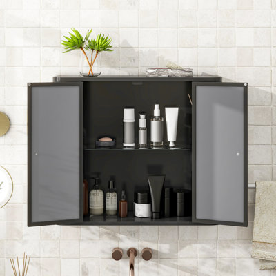 Armoire de rangement pour salle de bain avec 2 miroirs et une tablette ouverte, cadre, style contemporain, noir antique, 8,02 po de largeur, compartiment de porte d'armoire à miroir de 24,09 po de hauteur, acier, profondeur 26,89 po
