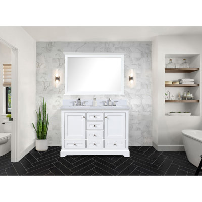 Meuble-lavabo double blanc 48 po Largeur avec comptoir en marbre de culture, miroir pleine grandeur 46 po, mécanisme de fermeture en douceur et bonne surface de rangement, armoires, options