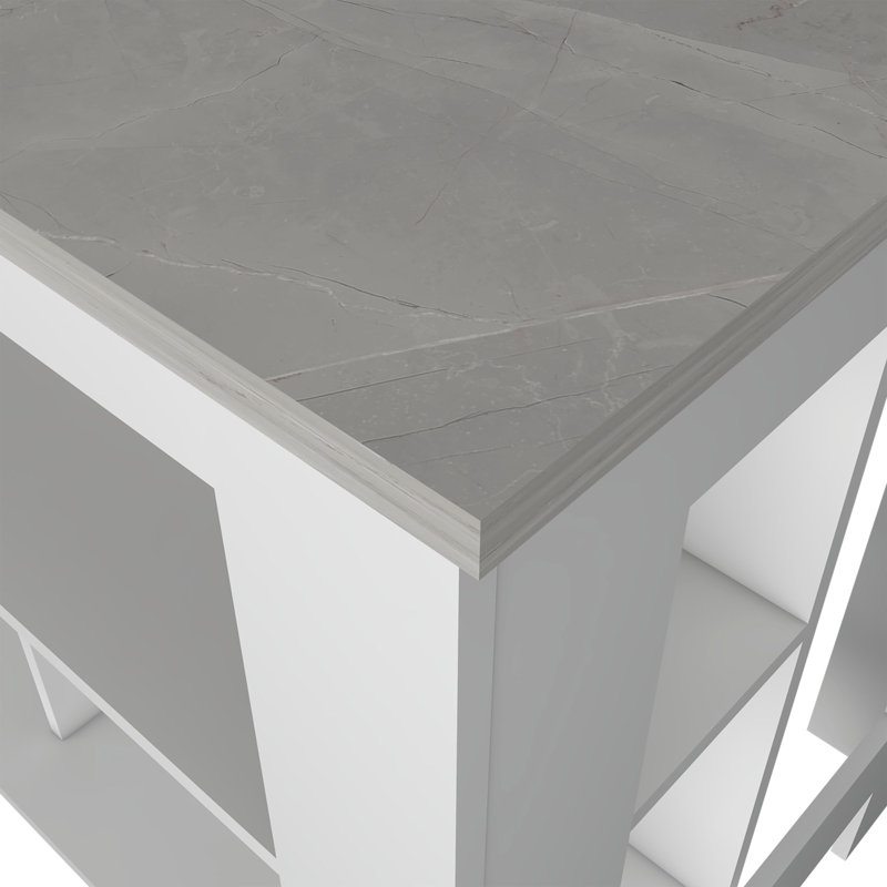 Îlot de cuisine Brooklyn, trois tablettes dissimulées, Gris / blanc