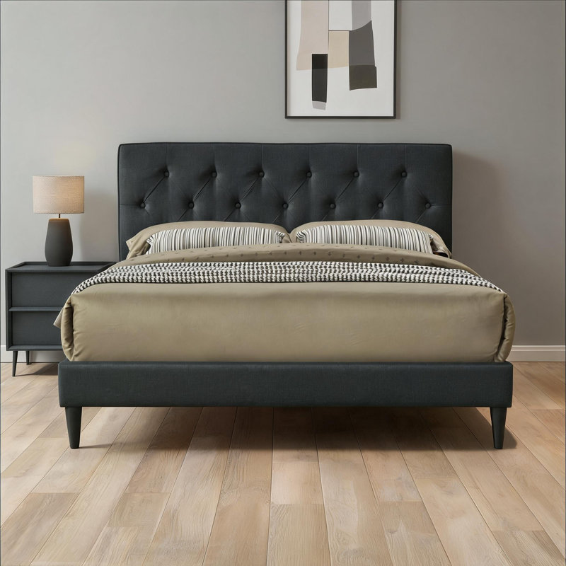 King Sized Tufted Upholstered Channel Bed Frame with Convenient Built-In USB Charging, Matte Black