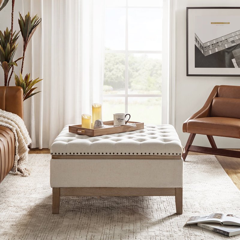Amdan Upholstered Ottoman with Solid Wood Legs, Ivory Polyester