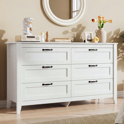 Serefina 54"W 6-Drawer Modern Dresser, White Wood Dresser with Solid Legs for Bedroom, 32'' H Large Storage Double Dresser with Deep Drawers Fits Closet, Nursery, or Hallway