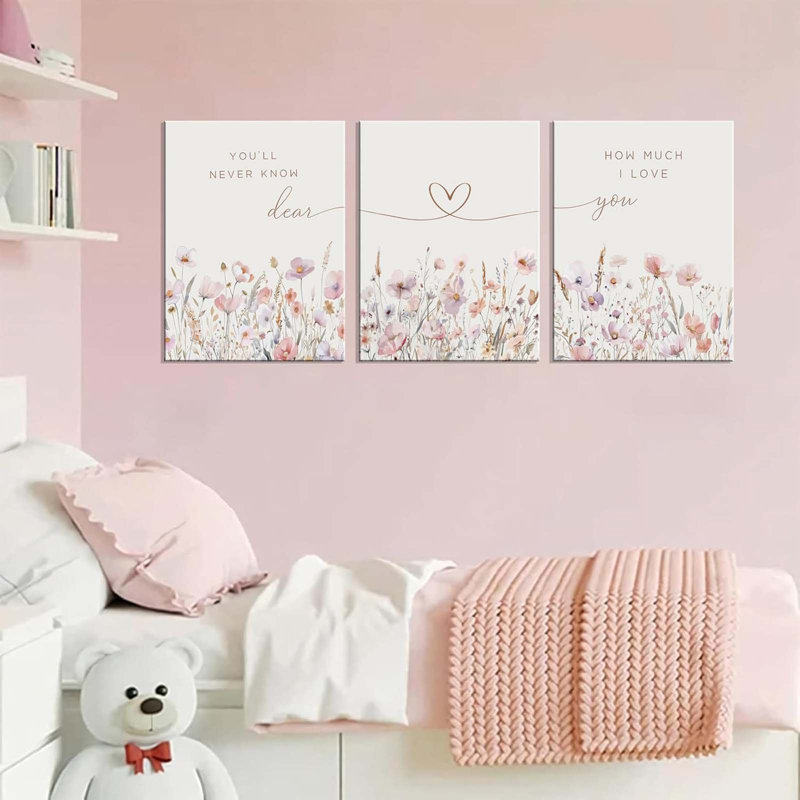 3 Piece Wrapped Canvas Wall Art, Pink