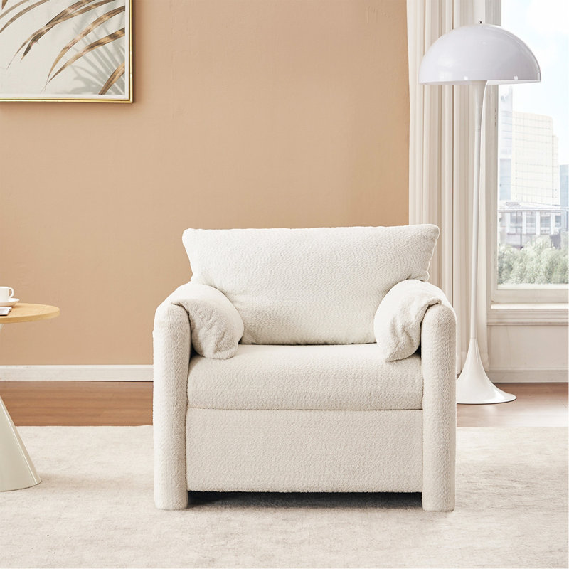 Fauteuil d'appoint fixe fixe-moderne - Chaise longue en chenille moelleuse avec coussin à haute résilience, fauteuil de lecture compact pour le salon, la chambre à coucher, le dortoir et le fauteuil-appartement blanc ivoire