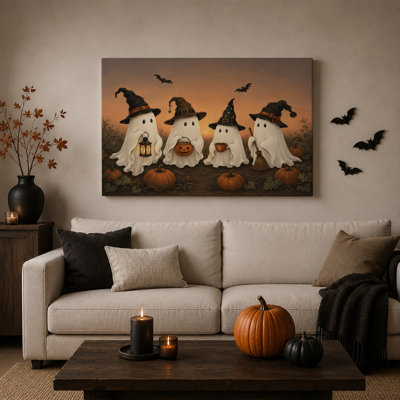 Quatre fantômes en chapeaux de sorcière avec citrouilles et chauves-souris, art mural d'Halloween
