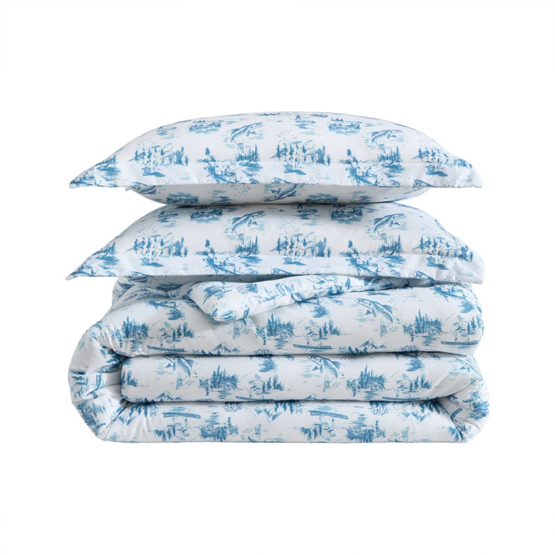 Eddie Bauer Fish Town Toile Blue Comforter Set, Queen Comforter + 2 Standard Shams