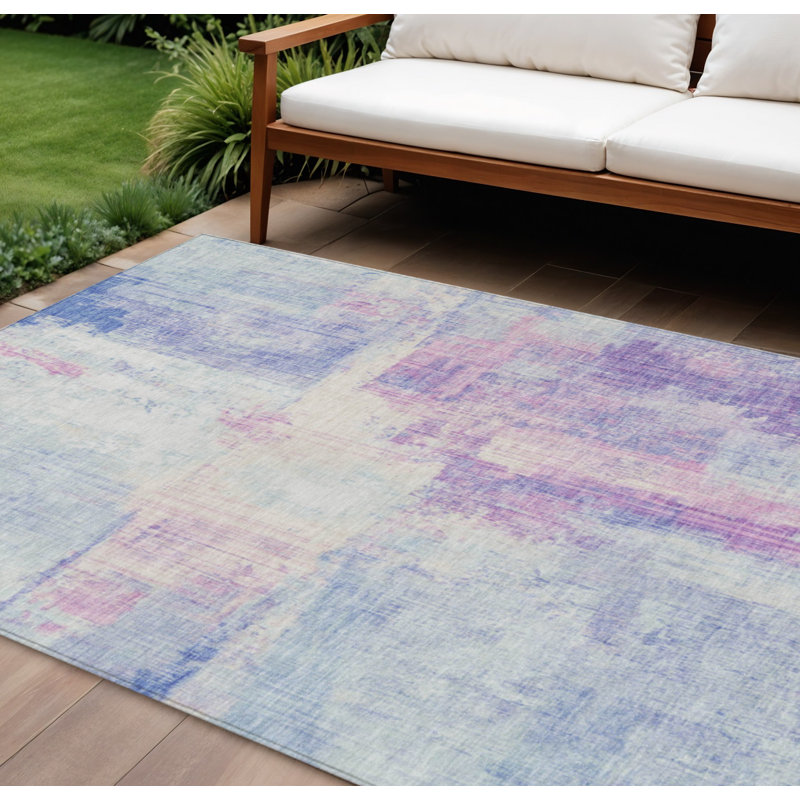 Tapis intérieur/extérieur lavable, motif abstrait bleu ciel et lavande, 2,74 m x 3,66 m