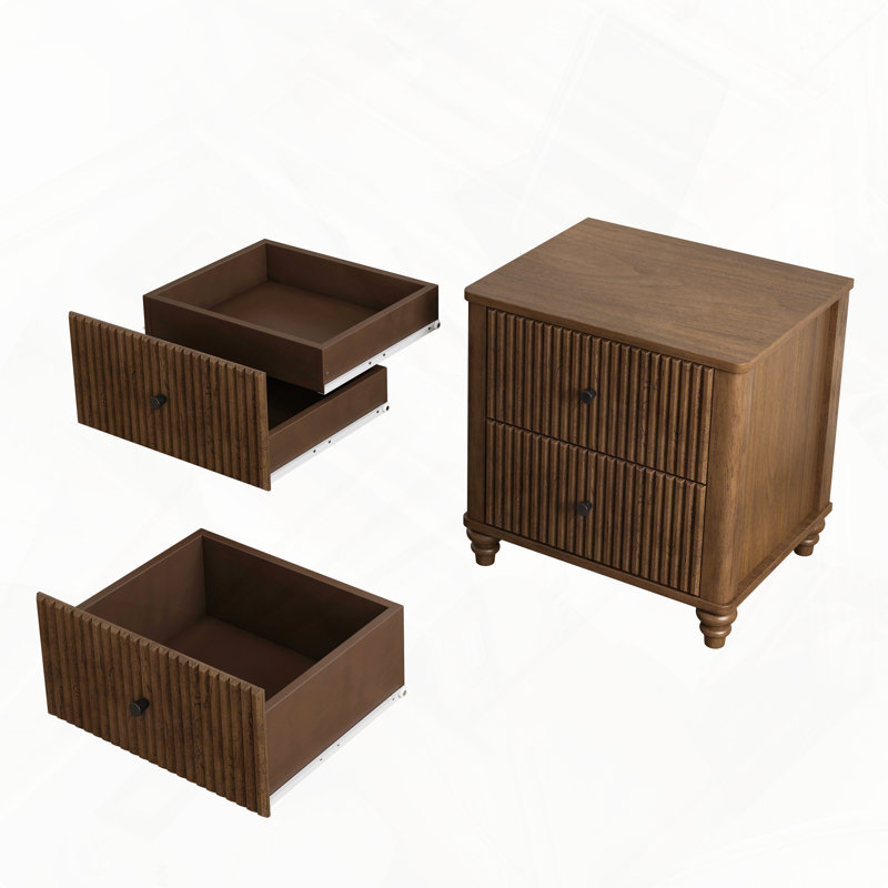 Table de chevet cannelée 2 pièces, ensemble de 3 tiroirs de style Mid-Century moderne avec poignée en métal