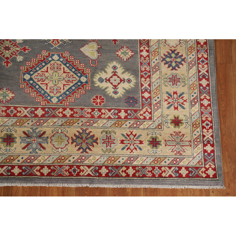 Geometric Gray Kazak Vegetable Dye Area Rug
