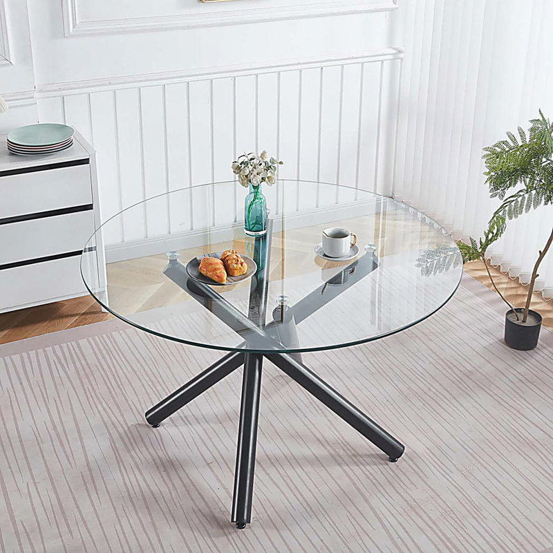 Round Dining Table with metal leg and tempered glass,Modern Space Saving Kitchen Table for Living Room, Black