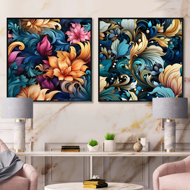 Wareham - Ensemble de 2 collages carrés floraux et botaniques, Cadre flottant noir, H 16 po x l 33 po