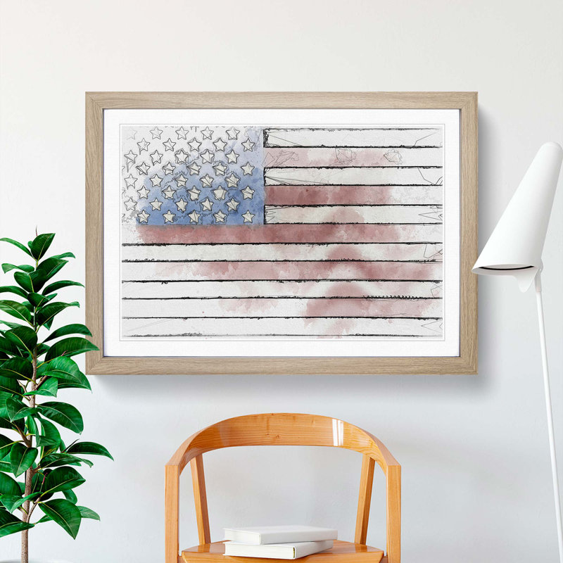 Painted American Flag in Abstract - Picture Frame Drawing Print, 36cm H x 48cm W x 2cm D, Oak Framed
