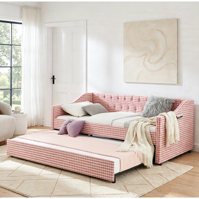 Multi-Functional Rolling Trundle Daybed Frame, Heavy-Duty Iron Support, Button Tufted Back & Arm Storage Pockets, Easy Assembly Space Saving Sofa Bed for Small Spaces