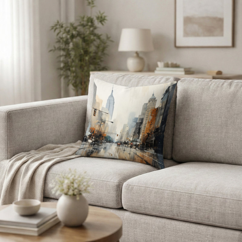 Coussin décoratif avec motif de gratte-ciel beige - Coussin Art déco, 20"H x 20"W