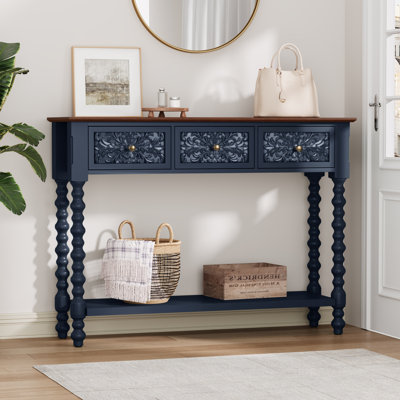 42" Console Table with 3 Drawers and Hand-Carved Botanical Details, Wood Accent Table with Storage and Spindle Legs, Blue