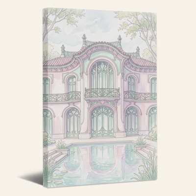 Tableau sur toile représentant une maison rose fantaisiste avec un bassin réfléchissant