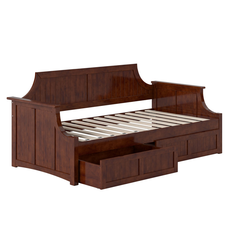 Antavious Coastal Cottage Solid Wood Twin Daybed with Storage Drawers, Walnut
