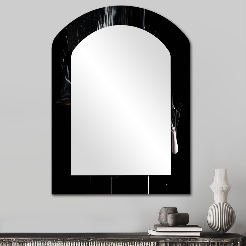 Exploration des profondeurs du marbre noir VI - grand miroir arqué géométrique, décor de miroir mural asymétrique moderne et unique, impression d'art en métal