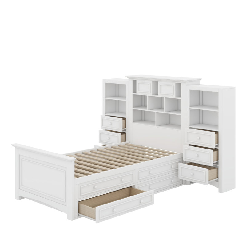 Lit plateforme simple en bois avec armoire verticale et 4 tiroirs de chaque côté, Blanc