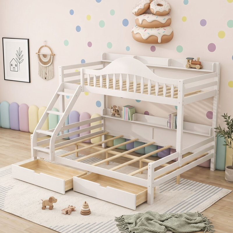 Lit superposé en bois avec garde-corps courbés, tiroirs de rangement et tablettes de rangement latérales intégrées, Beige