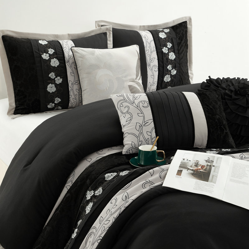 Ensemble d'édredon style glam 7 pièces Riley, Très grand, Noir