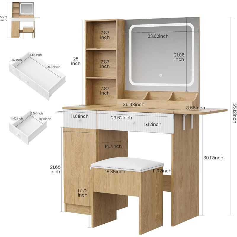 Coiffeuse de maquillage avec miroir lumineux, bureau de coiffeuse avec barre d'alimentation, éclairage réglable, tiroirs et tabouret rembourré, coiffeuse pour chambre à coucher