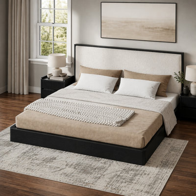 Solid Wood King Platform Bed Frame with Boucle Upholstered Headboard, No Box Spring Needed, Combining Durability and Elegance