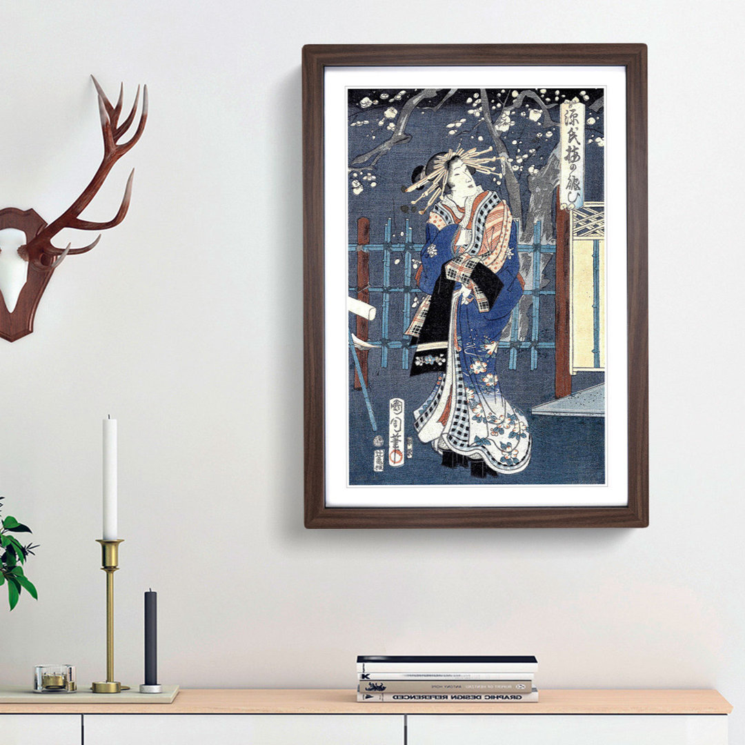 Courtesan with Plum Blossoms by Toyohara Kunichika - Framed Print