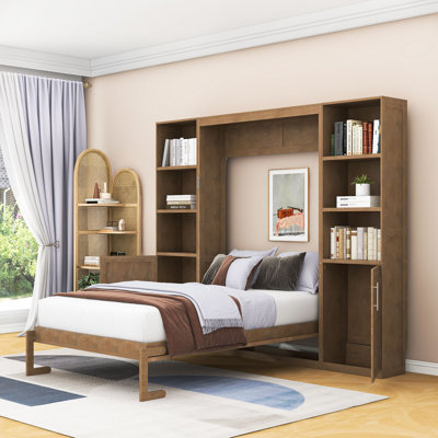 Wooden Murphy Bed with Shelves and Cabinets