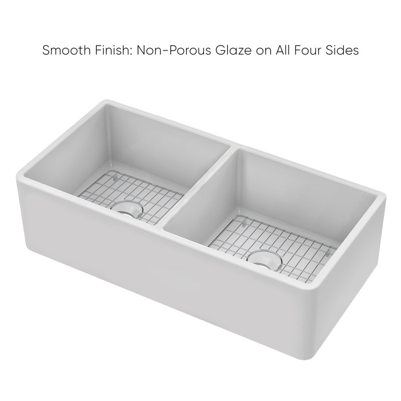 Whitehaus Collection Reversible Double Bowl Fireclay Kitchen Sink with Grid: Three Edge Frame, Plain Front Apron