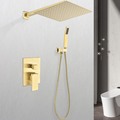 12" Rain Shower Head - Gold Brass Wall Mounted, Self-cleaning Nozzle For A Ravishing Bathroom, American Standard Pipe Brass, Ensures Steady Water Supply,