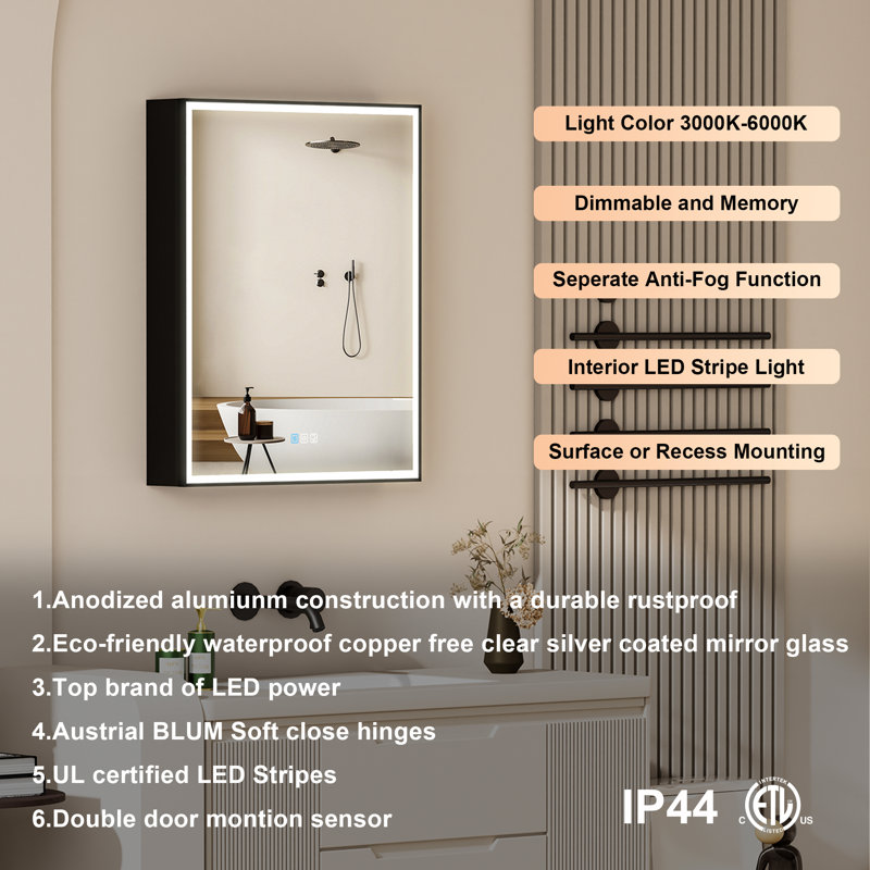 Armoire murale à DEL encastrée ou en surface 30 po H avec miroir et tablettes réglables, cadre noir, Gauche