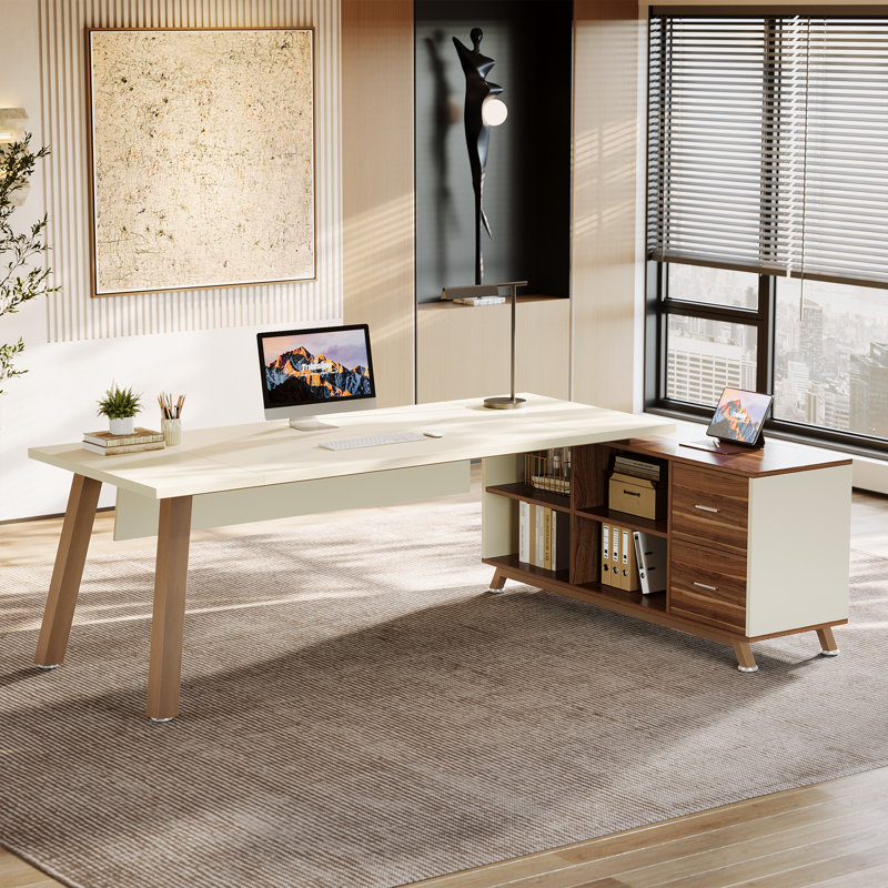 Bureau de direction en L 78,7 po, grand bureau d'ordinateur moderne avec cabinet de rangement pour bureau à domicile, Beige