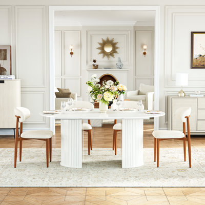 45" To 105" Extendable Dining Set, 4-Stage Expansion, Round Fluted Pedestal Table And Upholstered Chairs, Seats 4-10, Modern Farmhouse Style