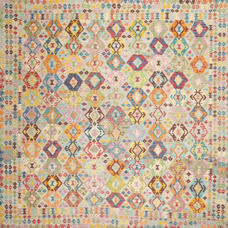 Tapis contemporain jaune / orange / rouge, Carré 8 pi