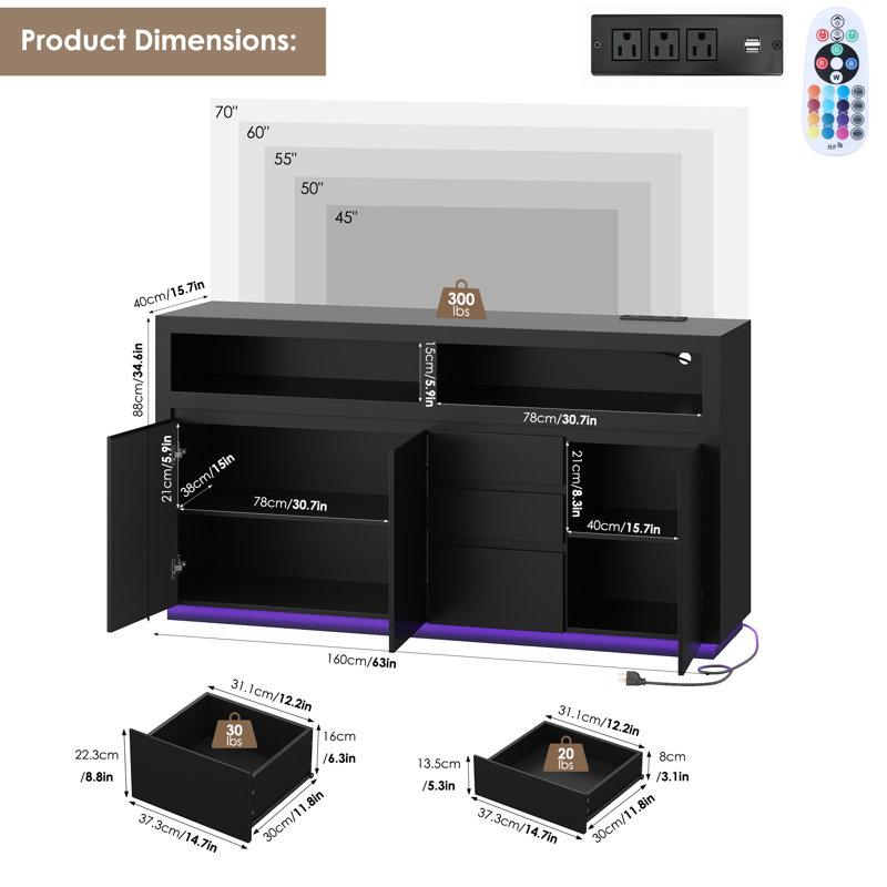 TV Stand Cabinet With Built-In LED Lights & Surge-Protected Outlet | All-In-One Modern Entertainment Center, Matte Black