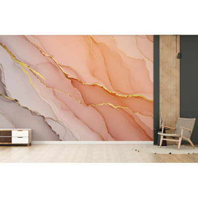 Papier peint rosé rosé avec veines dorées | Adhésif mural doux, doux et féminin | Papier peint moderne et chic pour salle de bain (non tissé)