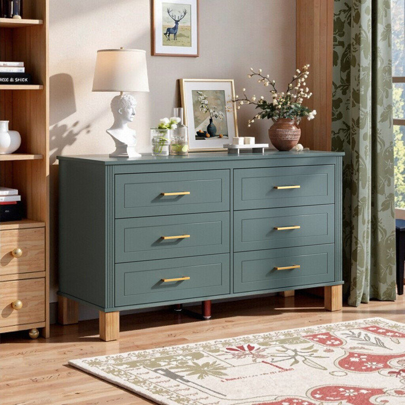 6-Drawer Double Dresser With Solid Wood Frame & Metal Handles, 47.24 L Storage Cabinet, Light Green