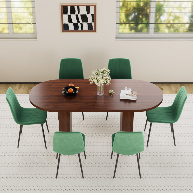 Mid Century Oval Pedestal Dining Table Sets, Walnut, Green, 7 Pieces: Table, 6 Chairs