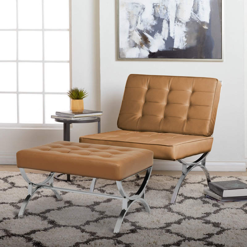 Alexuis Faux Leather Ottoman, Chrome/Caramel Brown Faux Leather