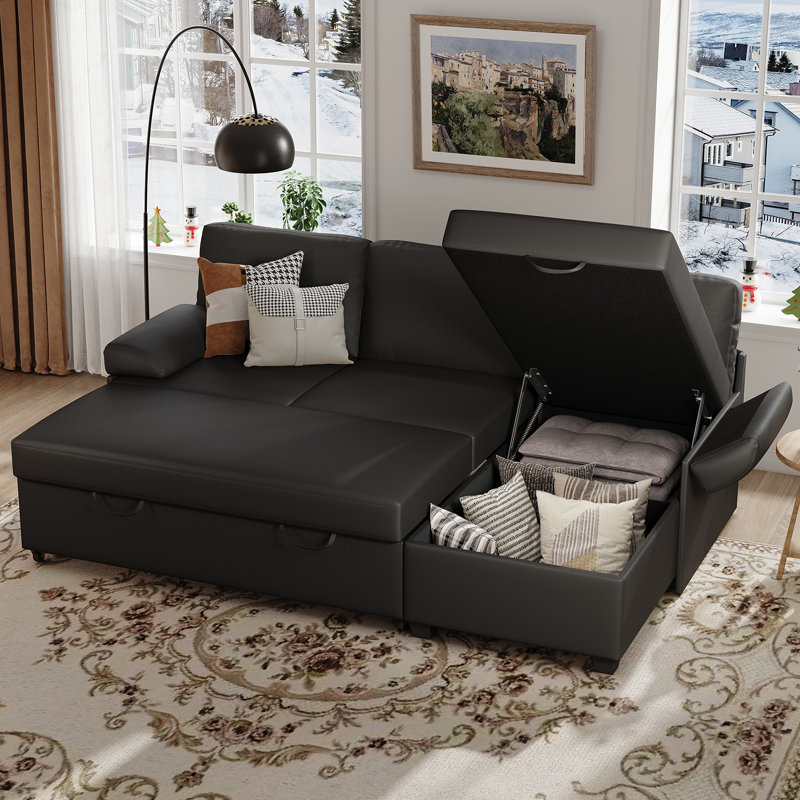 80" L-Shaped Sleeper Sectional Sofa with Pull-Out Bed and Storage Chaise, for Living Room Office, Black Faux Leather
