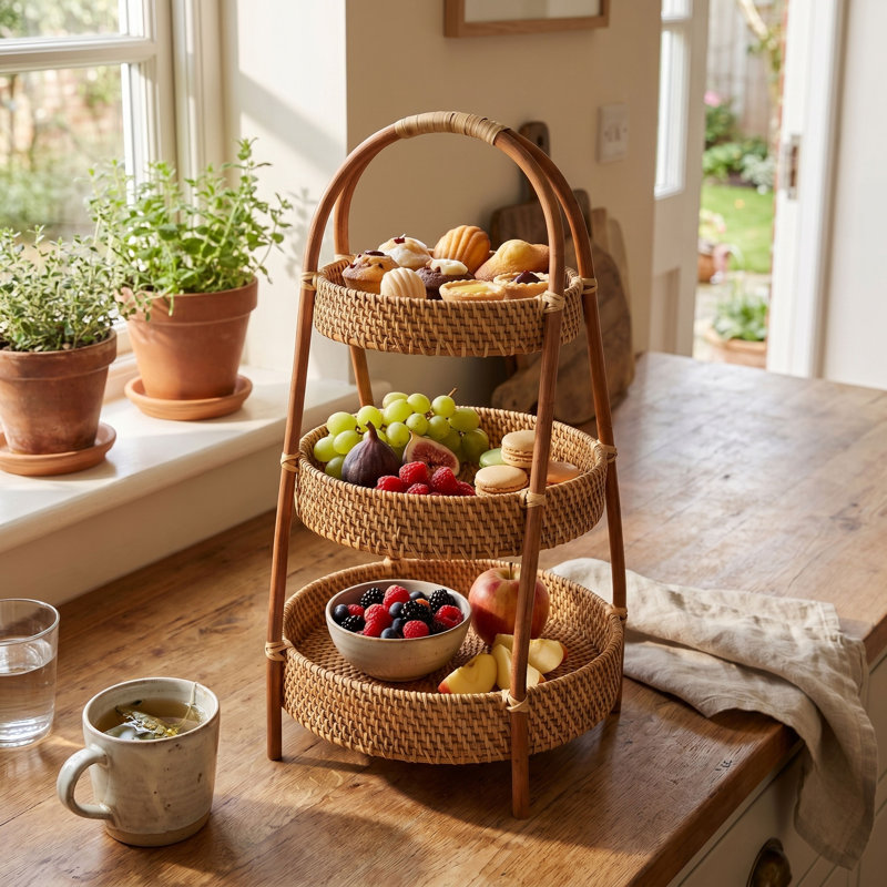Natural Rattan & Bamboo Three-Tier Tray with Rustic Handle