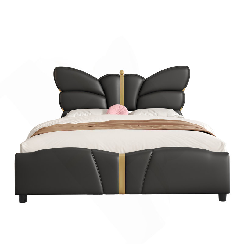 Cadre de lit rembourré avec tête et pied de lit en forme de papillon, cadre de lit plateforme avec décorations en métal, Noir