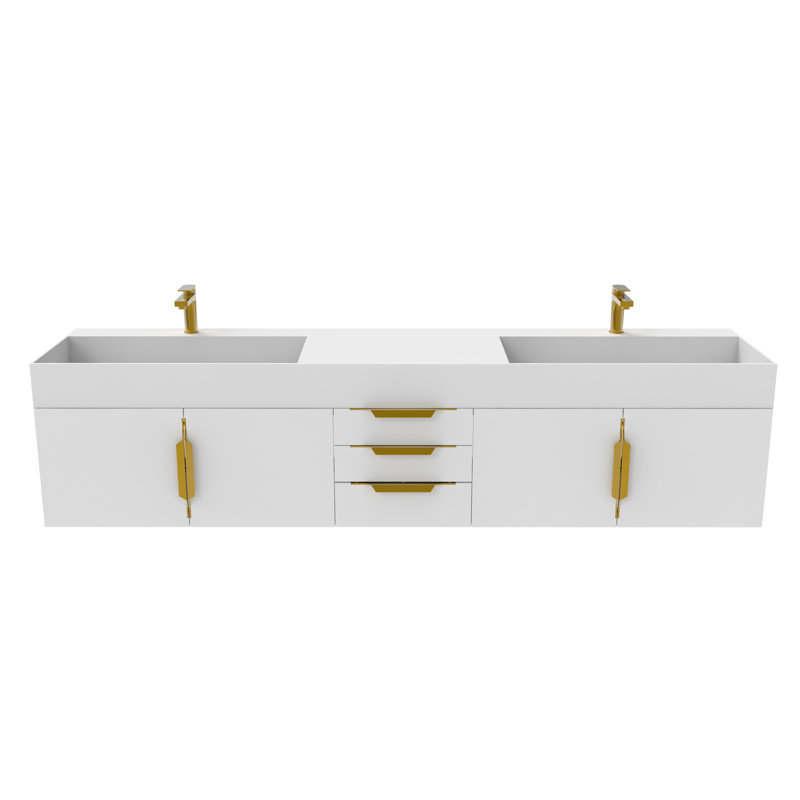 84" Amazon Double Bathroom Vanity with Top, White, Gold, White