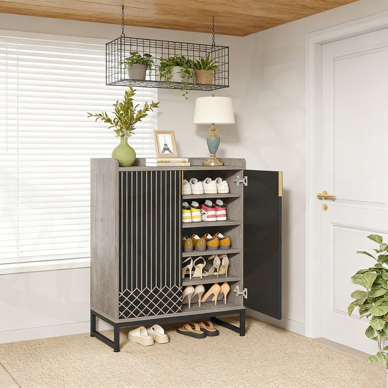 29.52” Shoe Cabinet With Doors, Gray/Black